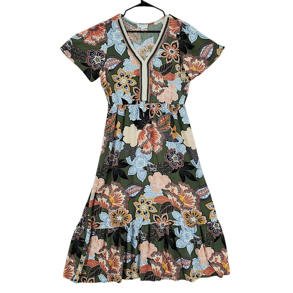 Luxology Maxi Dress L Green Floral Boho Fairycore Whimsical Crochet Trim Tiered
